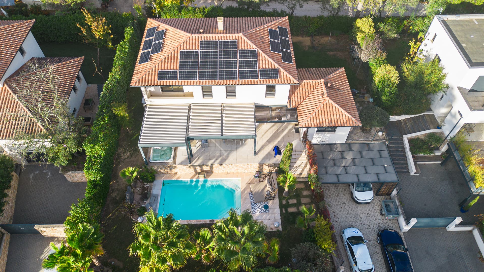 Aerial view of the villa, pool and garden
