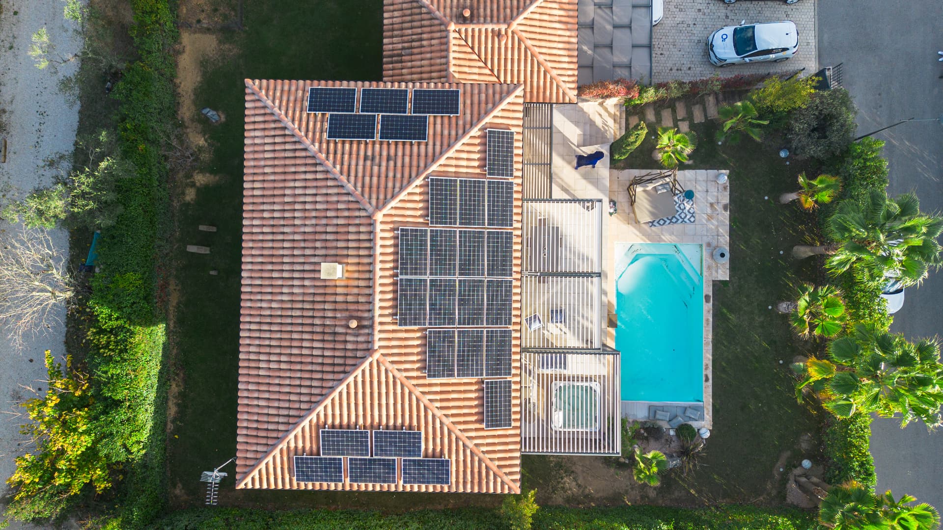 Overhead view of the roof, pool and courtyard