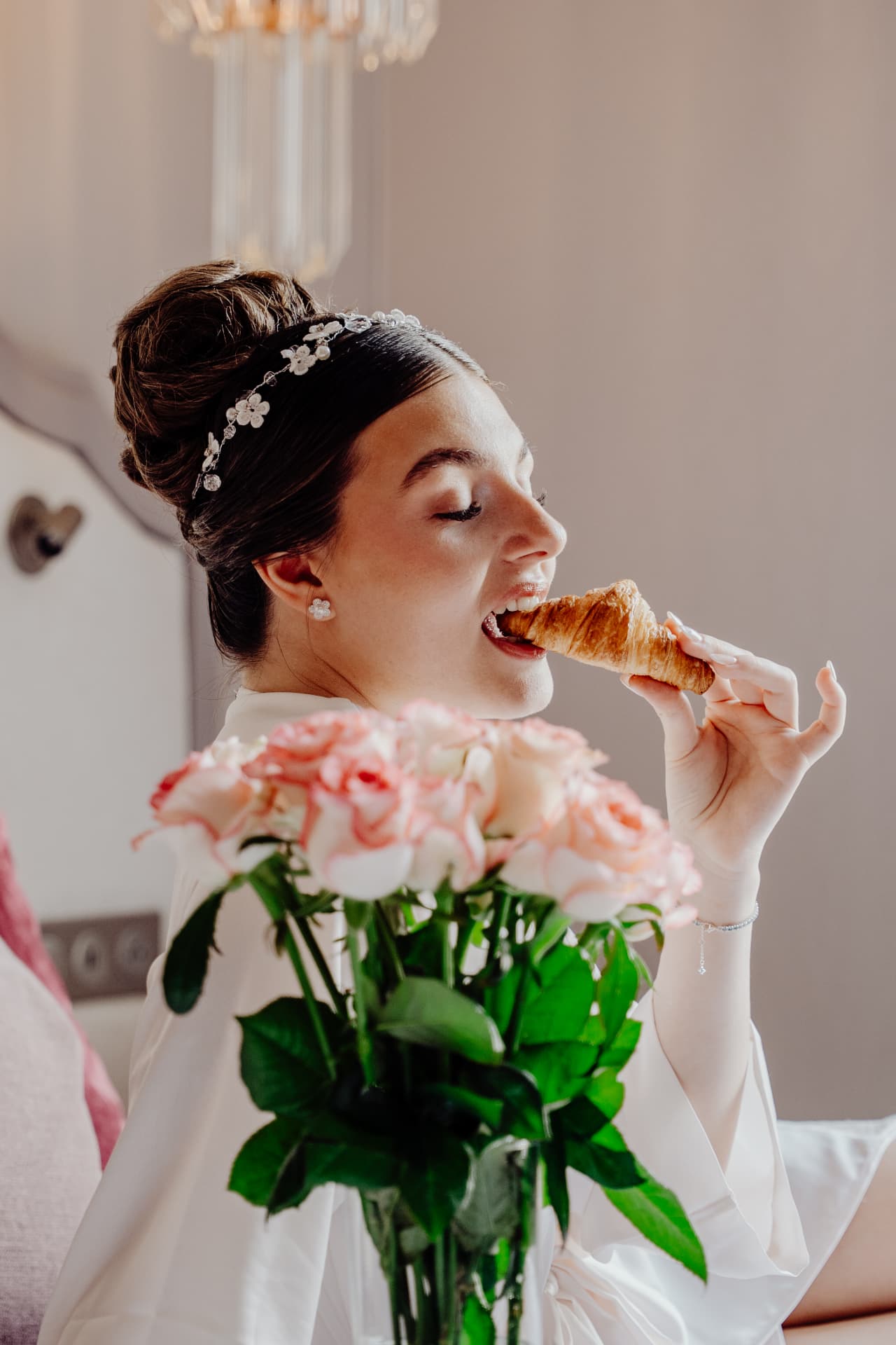 Bride at breakfast on the morning of the wedding