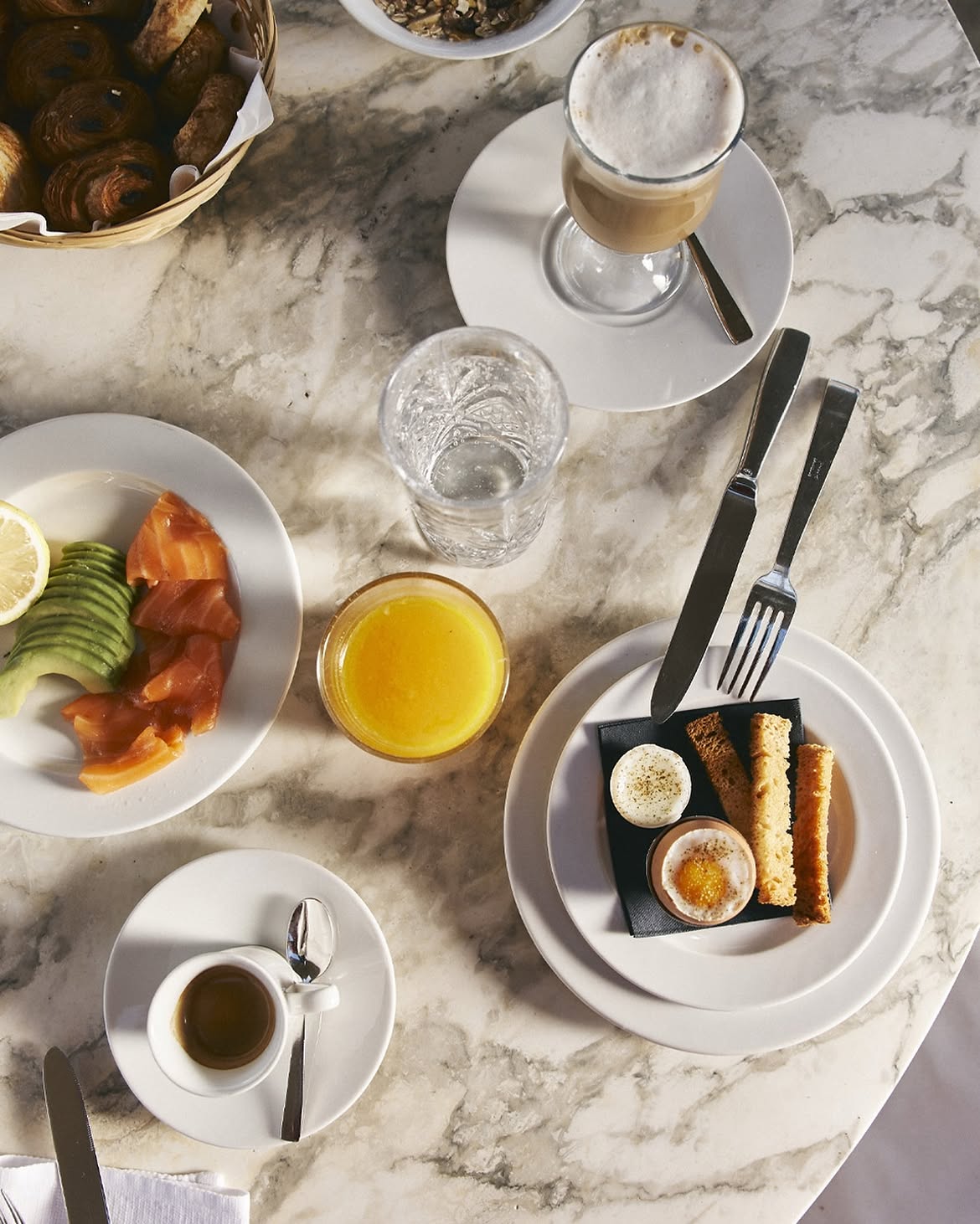 Breakfast spread on marble
